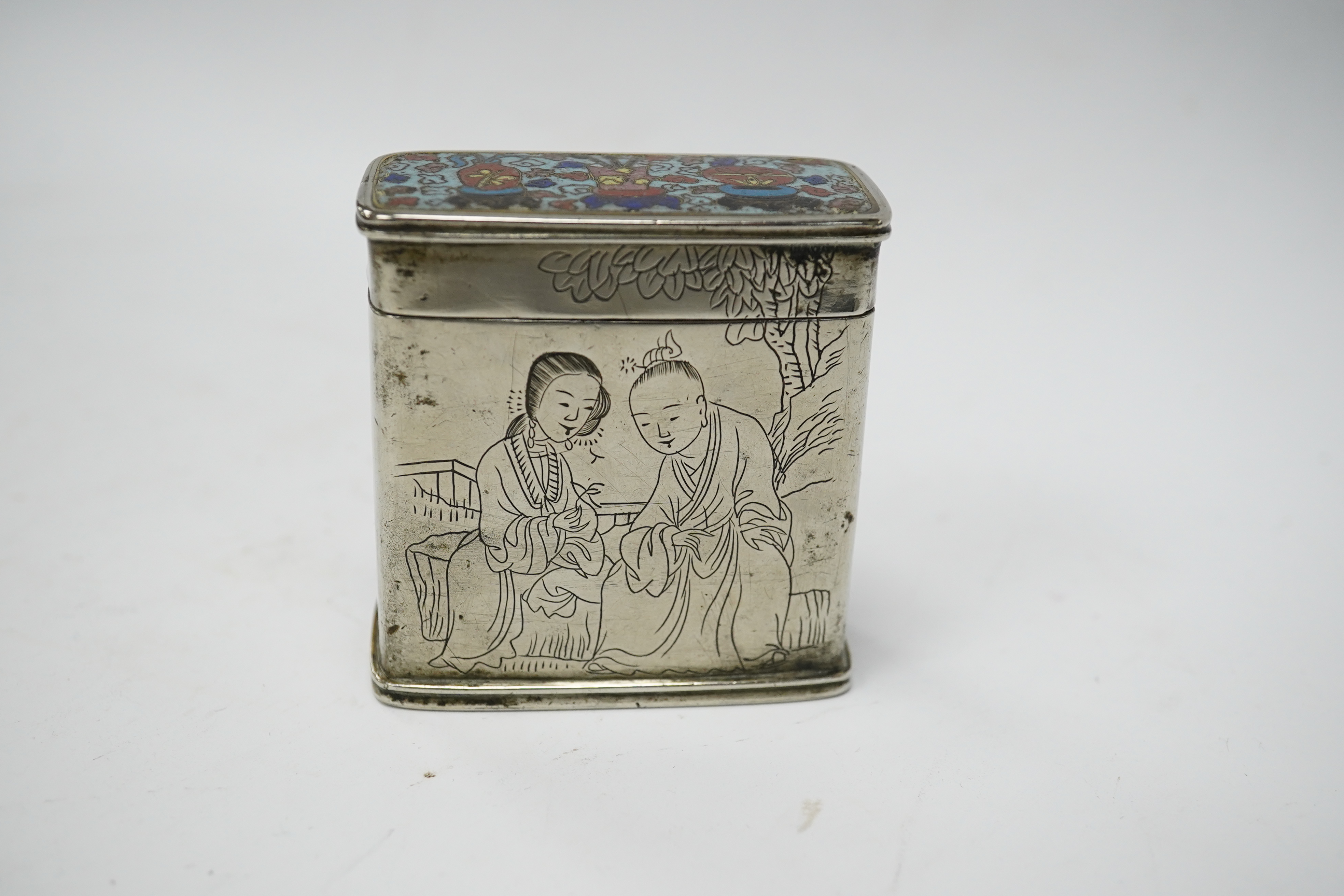 A Chinese paktong and cloisonné enamel rectangular box and cover, 6cm high. Condition - fair to good